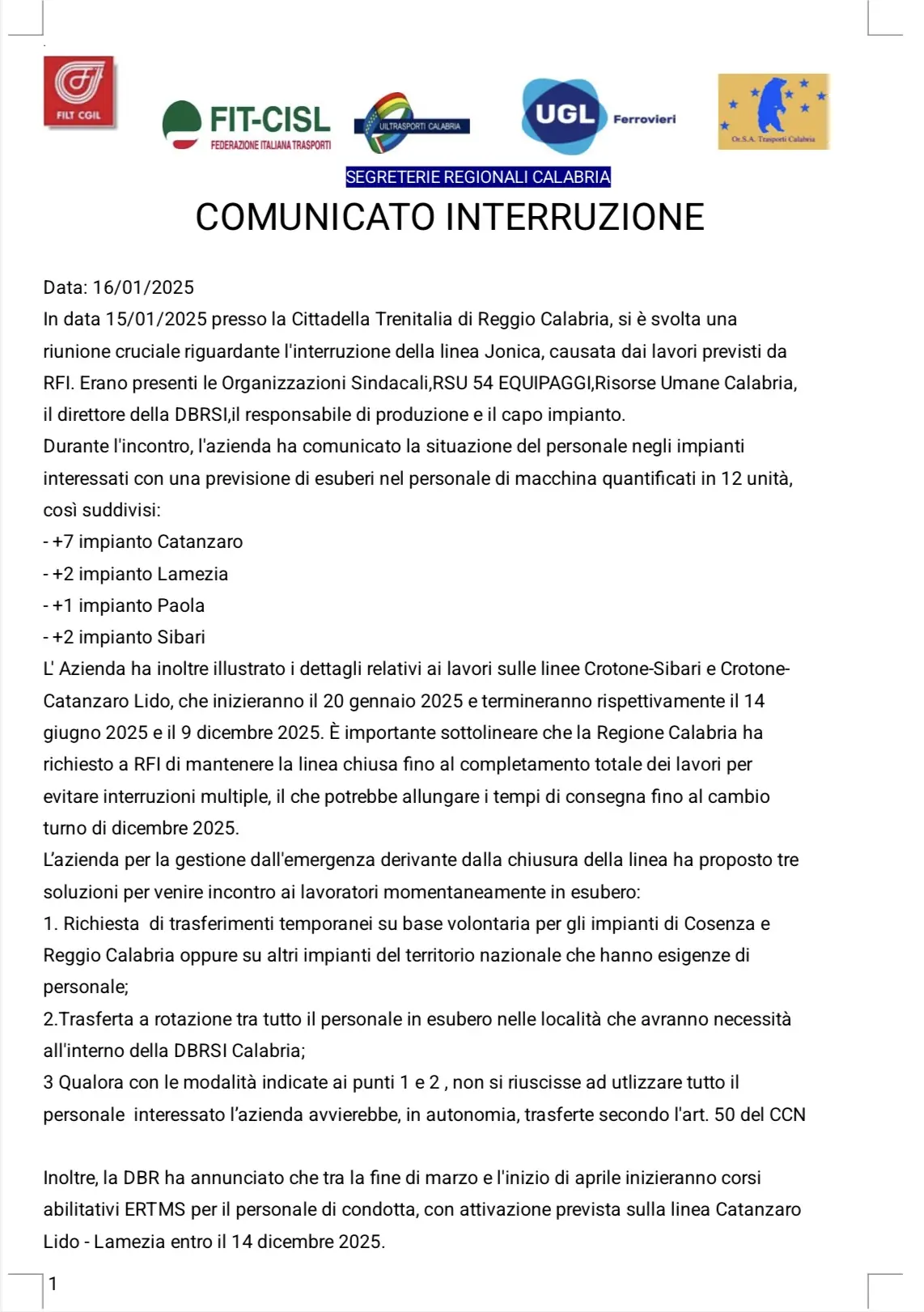 Comunicato Interruzione